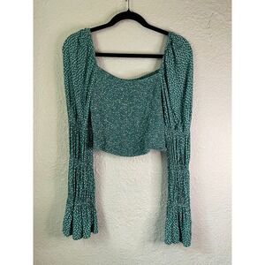 Y2K Blue Rain Smocked Crop Top Long Sleeve Polka Dot Blouse Green Medium